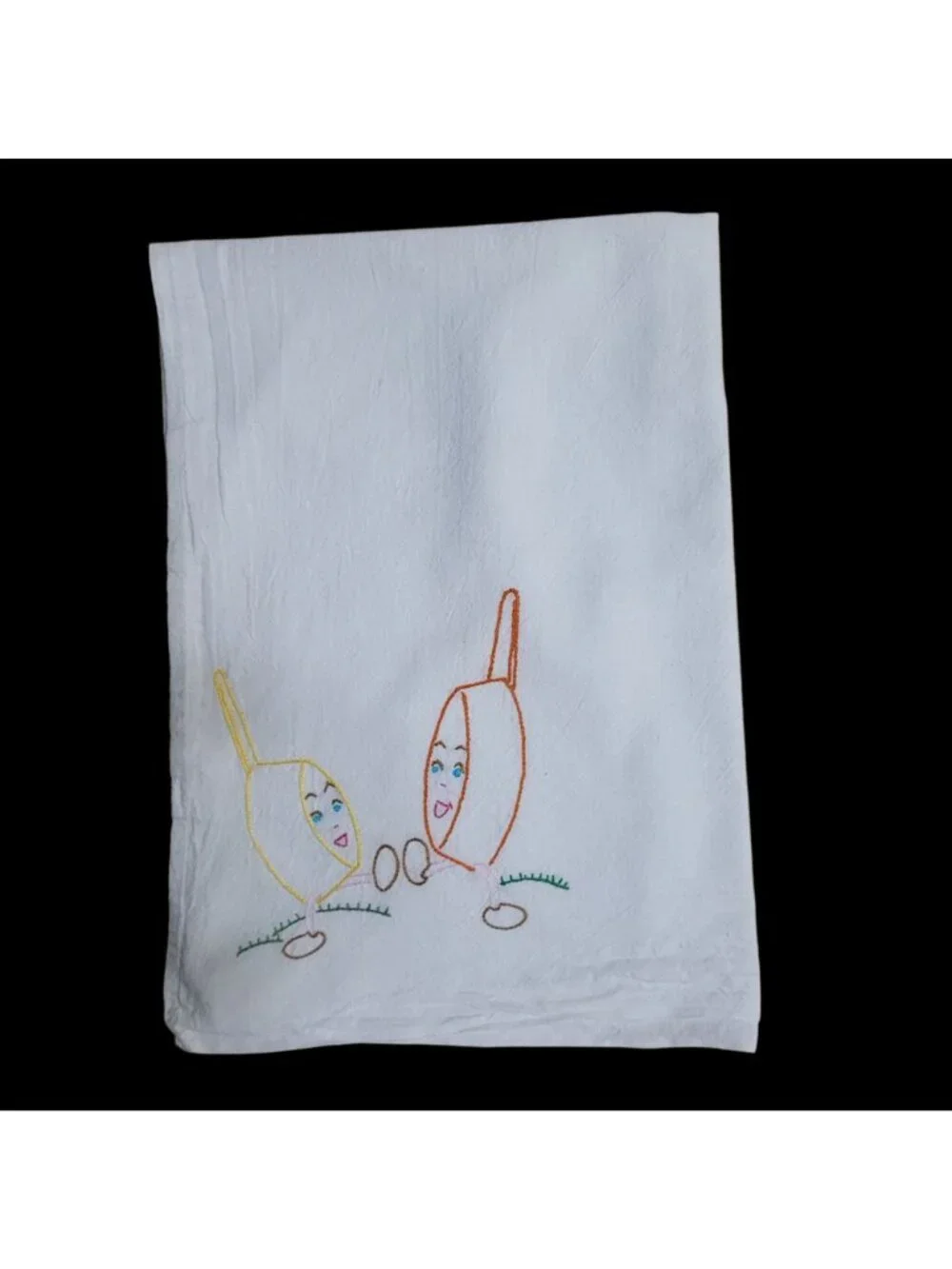 3 Vtg Hand-Embroidered White Cotton Flout Sack Towels Anthropomorphic Kitchen